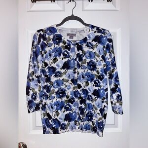 Laura Scott Blue and Black Floral Button Down Cardigan Small 3/4 Sleeves